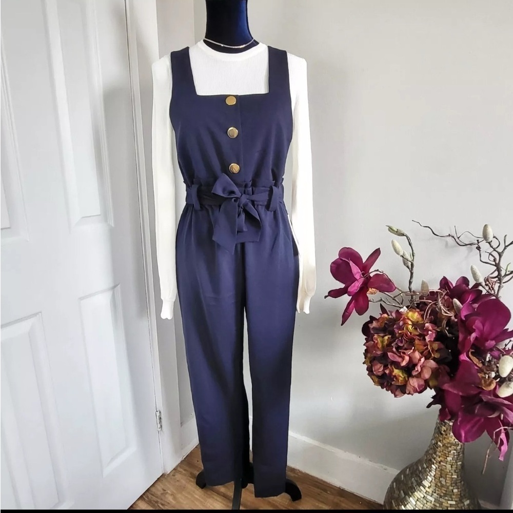 ZARA Women's Navy Jumpsuit with Gold Buttons. NWOT
